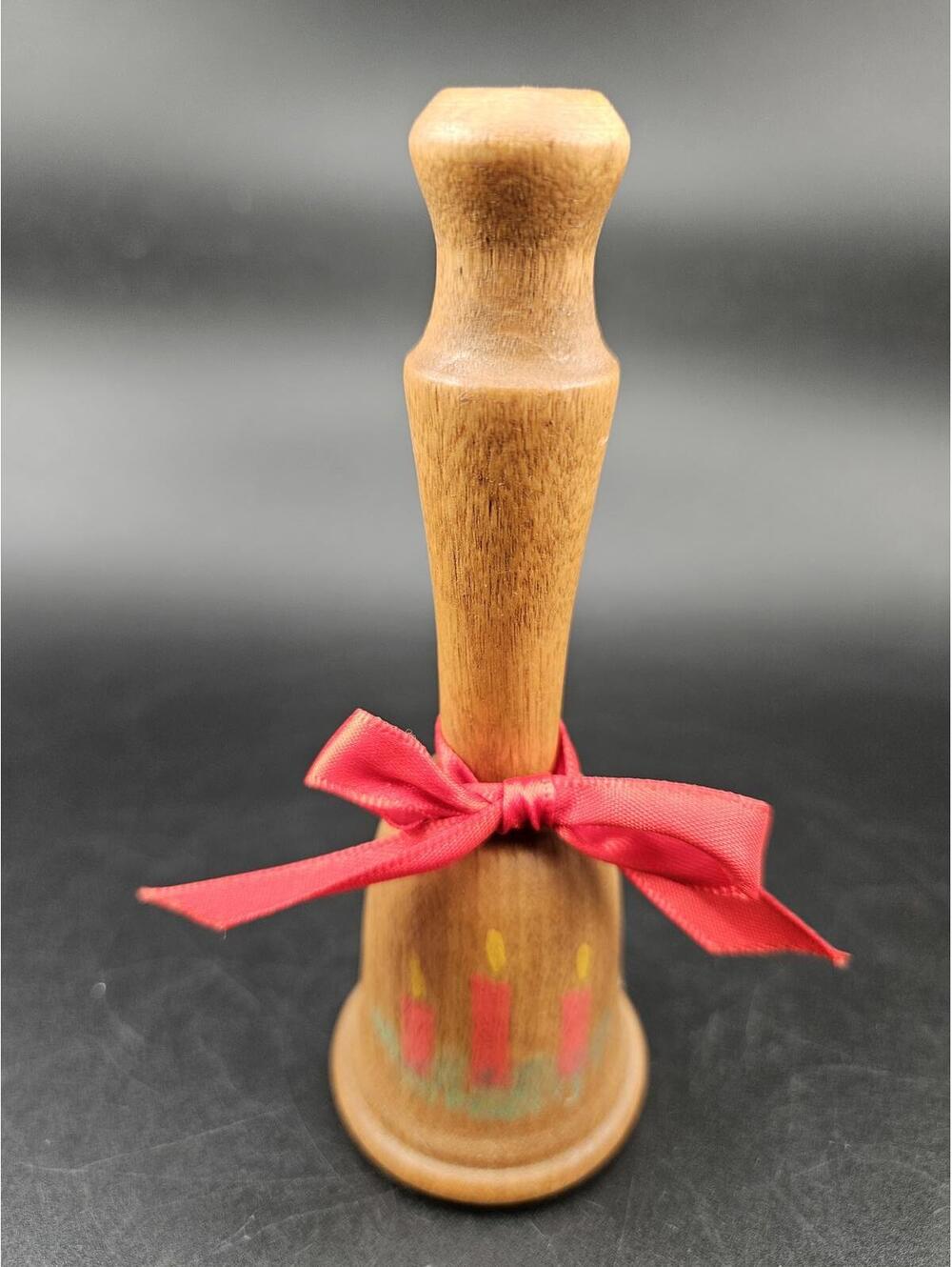Vintage Wooden Christmas Hand Bell Candle Paint Red Ribbon 4.5 In Tall